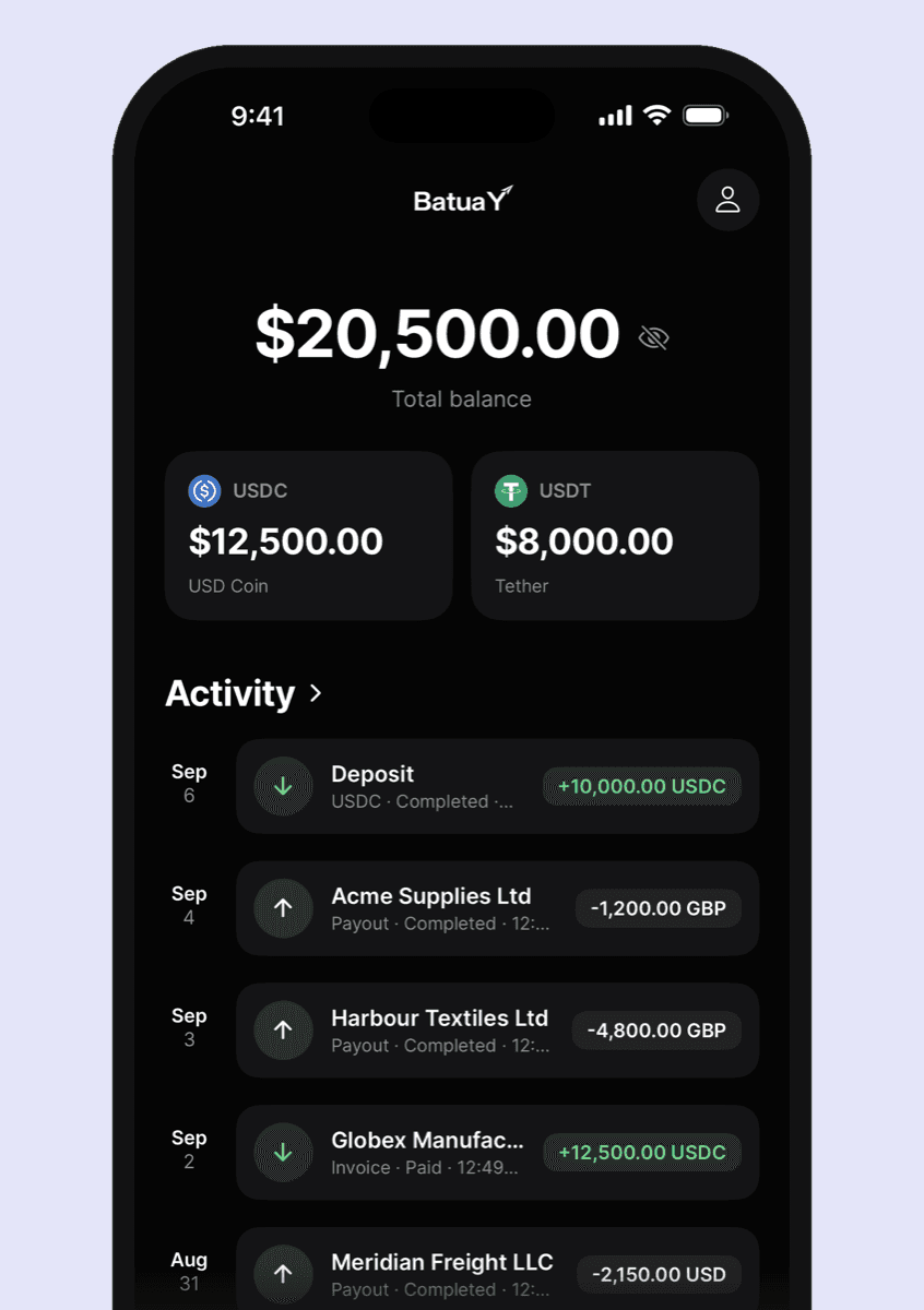 BatuaY business balance screen with USDC and USDT and recent payouts